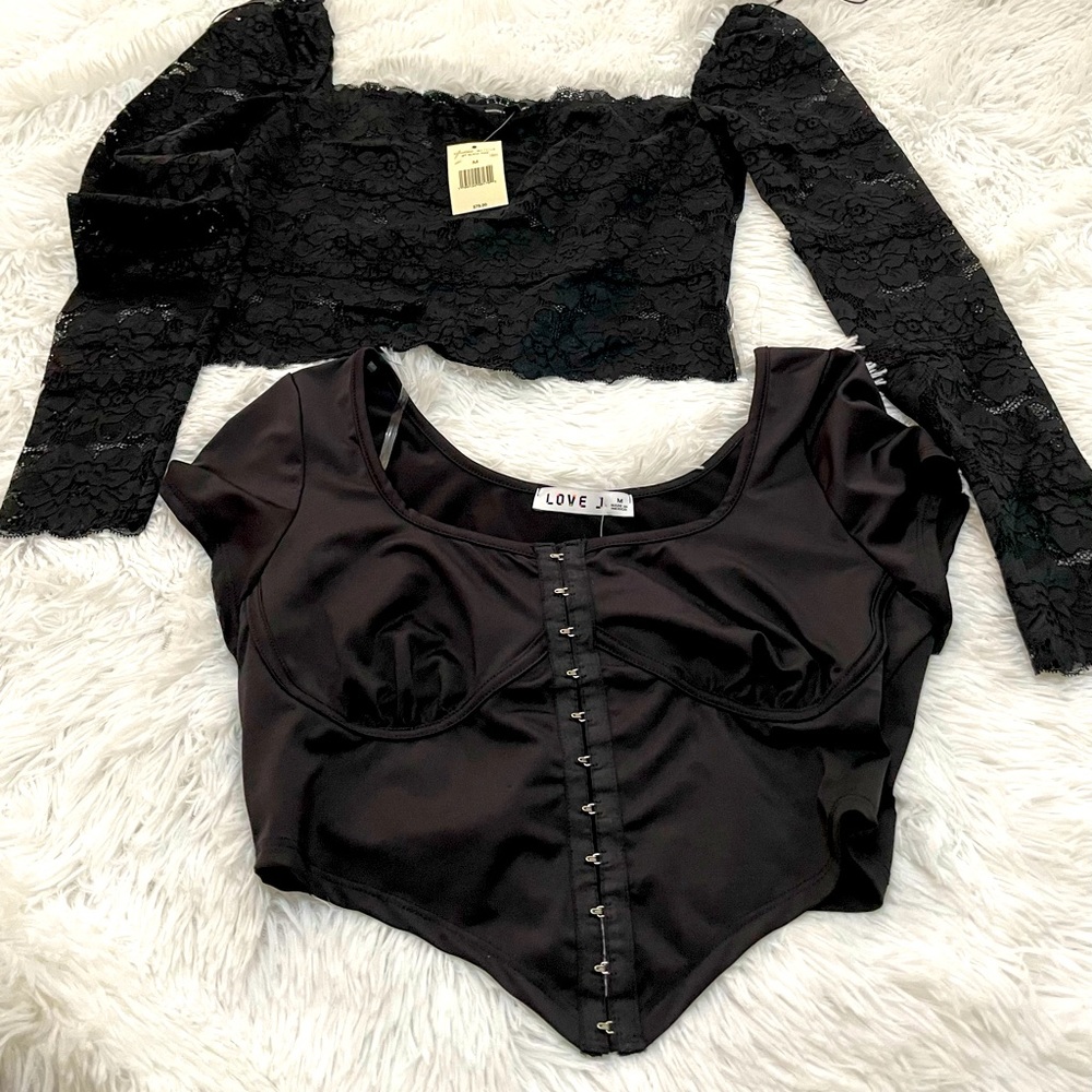 (2)  Medium Black Crop Tops. (1)  Guess Black Lace & (1) Hook & Eye Closure Tops